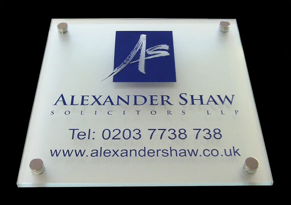 Alexander Shaw Solicitors engraved glass business sign